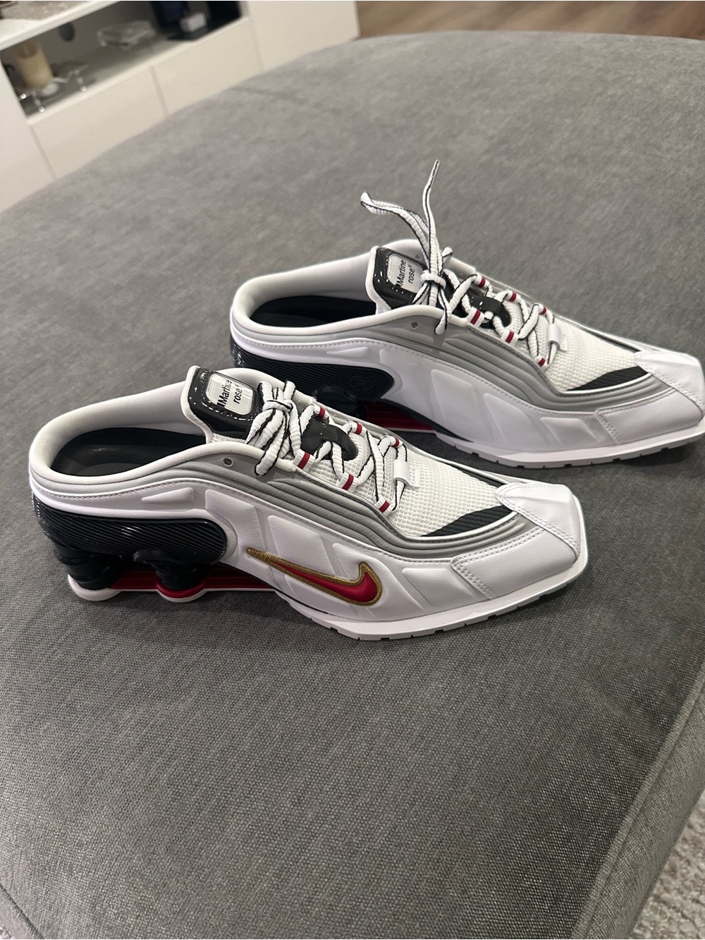 Martine Rose x Nike Shox Mule MR4 in the 'Metallic Platinum Varsity Red'